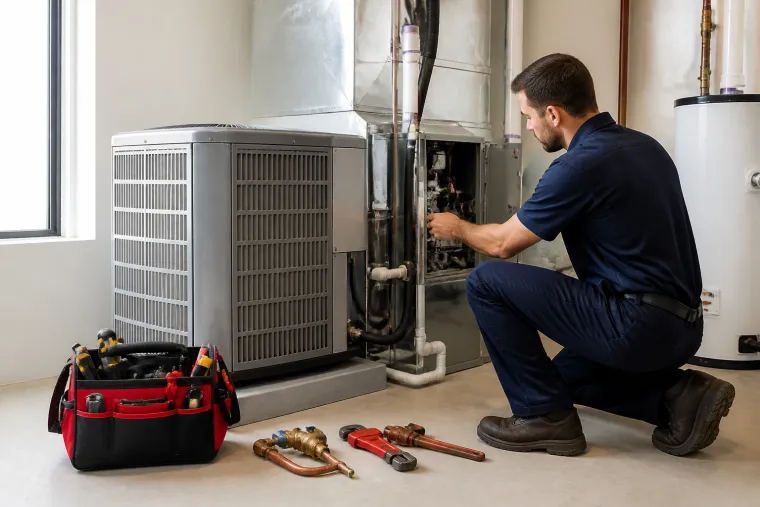 Technician inspecting residential HVAC and plumbing equipment